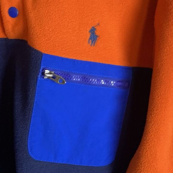 POLO RALPH LAUREN Mens Orange Blue Colorblock Fleece Jacket Size L T Snap Logo - Picture 4 of 13